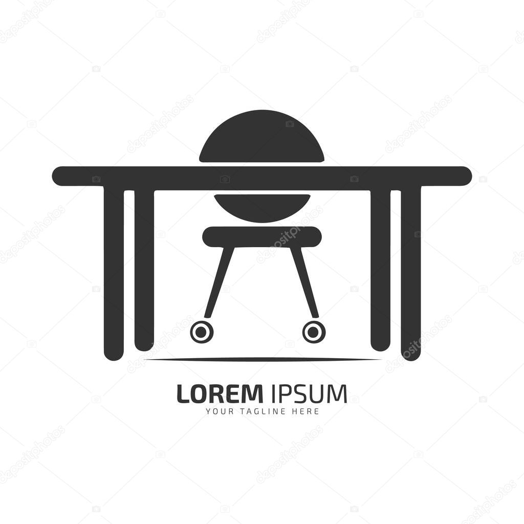 Minimal and abstract logo of desk icon table vector office table silhouette isolated with chair