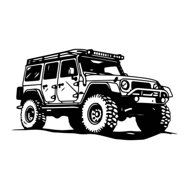 Bir off road jeep 4x4 araba silueti logosu dağ konseptini ziyaret ediyor izole edilmiş ikon vektör jip konsepti