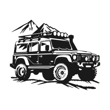 Bir off road jeep 4x4 araba silueti logosu dağ konseptini ziyaret ediyor izole bir cip ikonu vektörü