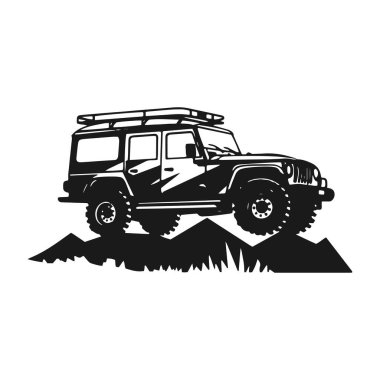 Bir off road jeep 4x4 araba silueti logosu dağ konseptini ziyaret ediyor izole edilmiş ikon vektörü