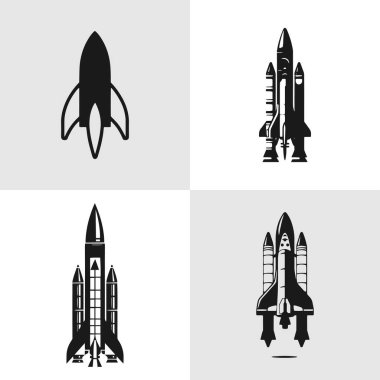 Füze uzay mekiği siluetleri. Logo, amblem, desen, tipografi vs. için uygun. Beyaz arka planda izole edilmiş. Vektör illüstrasyonu