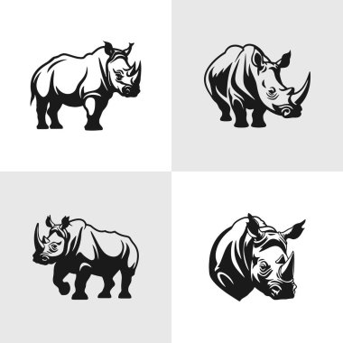 Soyut Gergedan siluet logo simgeleri seti, şirketiniz için beyaz bir arka plan, gergedan logo tasarımı fikirleri.