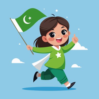 Pakistan Bağımsızlık Günü 'nün 14 Ağustos' u. Pakistan bayrağı taşıyan kız vektör tasarımı karikatürü çiziyor.