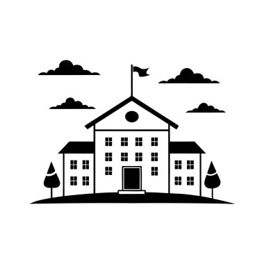 Okul binası Okul Arkaplanı ve Tasarım Siyah-beyaz vektör logosu simgesi