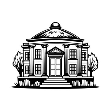 Kütüphane klasik tasarımı siyah beyaz logo simgesi vektör silueti