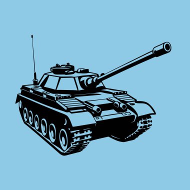 Askeri tank Maskot Logosu Modern illüstrasyon Rozet Tasarımı ve T-Shirt Baskı Mavi Arkaplan