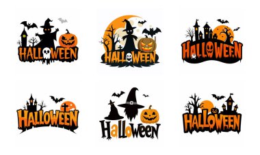 Cadılar Bayramı Temalı Metin Efekti logo vektörlü Hayalet ve Yarasa Siluetleri