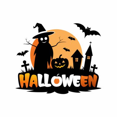 Halloween Day Spooky Bat and Ghost Silhouette with Haunted House Symbol clipart