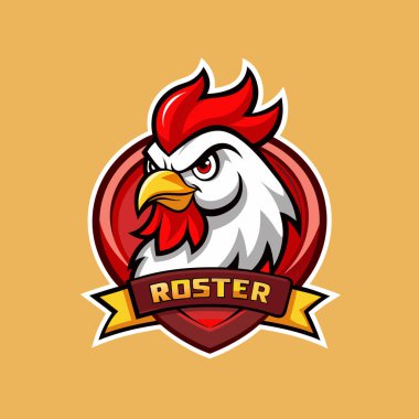 Rooster maskotu logo vektör tasarımı metin listesi izole edilmiş rozet biçimi