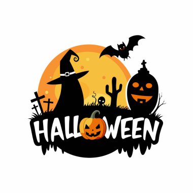 Horror Halloween Night Bat Silhouette with Haunted House and Pumpkin Symbol clipart