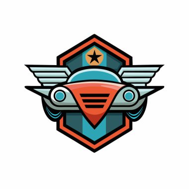 Uçan araba rozet tasarımı vektör illüstrasyon kanat simgesi logosu