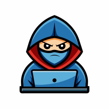 Hackerlar yüzlerini örtmek için başlık takarlar. İzole edilmiş bir dizüstü bilgisayar maskotu logo vektör çizimi kullan