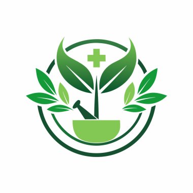 Eczane logosu tasarımı kase ile yapılır ve bitkisel ilaçlar bırakılır. İlaç, doktor ve eczane ikonu vektörü logoları