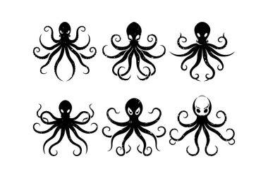 Şekillendirilmiş Ahtapot Simgesi Seti, Girdap Dokunaç Tasarımı ile Karışık Vektör Siluetleri