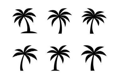 Basit Siluetler ve İkonik Şekiller Kıyı Sakinliği ve Gevşemesini Çağıran Tropikal Palmiye Ağacı Logoları Vektör Koleksiyonu