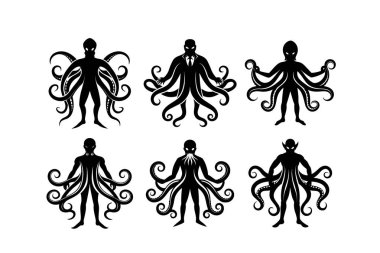 Stylized Octopus Icons Set, Intricate Vectors Silhouettes with Swirling Tentacle Designs logos isolated clipart