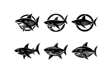 Balık Koleksiyonu Simgesi, Köpekbalığı Logoları, Yunus Siluetleri Vektör Sanat Set Çemberi beyaz arkaplan üzerinde izole