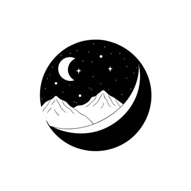 Gece Gökyüzü ve Huzur İçin Hilal Ay Simgesi Vektör Çizimi Silueti