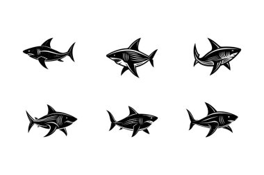 Balık Koleksiyonu Simgesi, Köpekbalığı Logoları, Yunus Siluetleri Vektör Sanatı