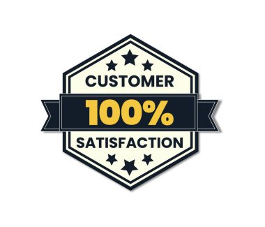 Müşteri% 100 memnuniyet rozeti Kalın Typography ve Yıldız Vektör Simgesi