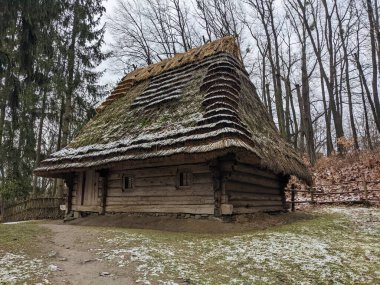 the open-air museum of traditional wooden architecture in the national park in Ukraine, wooden house view