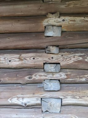 the open-air museum of traditional wooden architecture in the national park in Ukraine, wooden house facade view