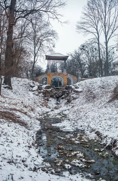 Kışın Parktaki Akarsu Üzerindeki Dekoratif Köprü Manzarası — Stok fotoğraf