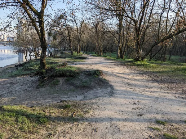 Piękny Widok Pusty Park Wiosenny Pobliżu Rzeki — Zdjęcie stockowe