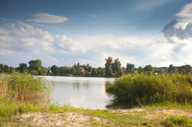 Güzel yaz manzarası. Göl ve gölün kıyısı..