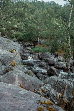 Norveç, Avrupa 'da Egersund' daki Trollpikken kayalarının arasından akan şelale.