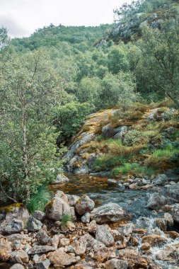 Norveç, Avrupa 'da Egersund' daki Trollpikken kayaları arasında küçük bir buhar akıyor.