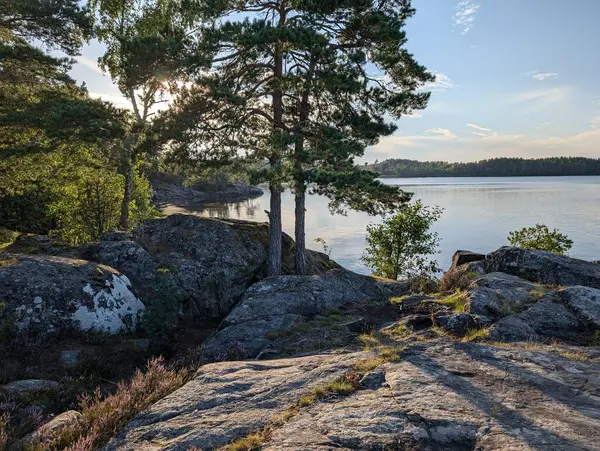 stock image Sunset view of Lake at Rde in Norway around green forest