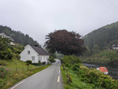 Dağlar ve nehir manzarası arasındaki yol.