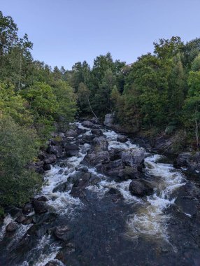 Yeşil dağ ormanındaki güzel ve hızlı nehrin yüksek açılı manzarası