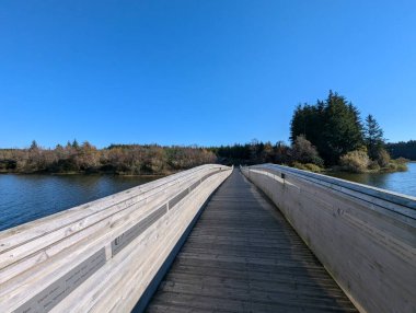 Nehrin diğer tarafına giden uzun tahta köprü.