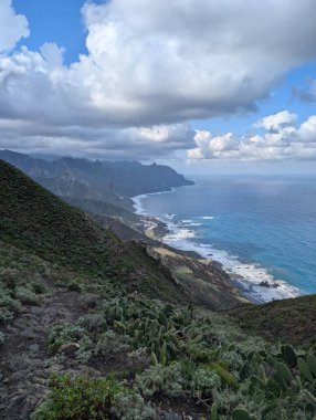 Güzel kayalık kıyı şeridi ve kabarık bulutlu gökyüzü. 