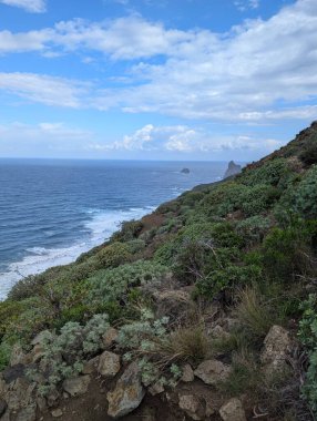 Güzel kayalık kıyı şeridi ve kabarık bulutlu gökyüzü. 