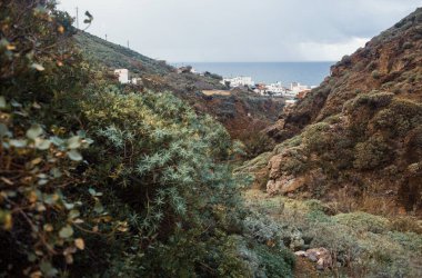 Kayalık deniz kıyısında güzel bir yerleşim yeri manzarası