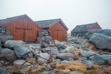 Kayalık sahillerin ve ahşap evlerin güzel manzarası 