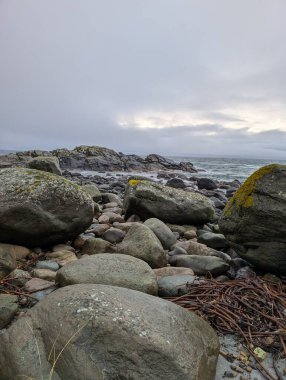 Gray clouds hang above coastal rocks