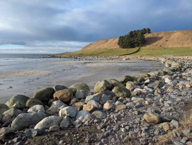 Rugged coastline under moody gray sky