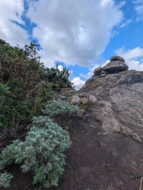 Kayalar ve bitkilerle dolu güzel bir dağ manzarası mavi gökyüzüne karşı bulutlar