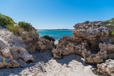 Jurien Körfezi, WA / Avustralya - 07 / 11 / 2020 Sandy Cape Rekreasyon Parkı beyaz kum, turkuaz su, mükemmel balıkçılık ve güvenli yüzme alanları ile burası Perth 'e yakın harika bir aile kamp alanı haline geliyor..