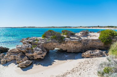 Jurien Körfezi, WA / Avustralya - 07 / 11 / 2020 Sandy Cape Rekreasyon Parkı beyaz kum, turkuaz su, mükemmel balıkçılık ve güvenli yüzme alanları ile burası Perth 'e yakın harika bir aile kamp alanı haline geliyor..