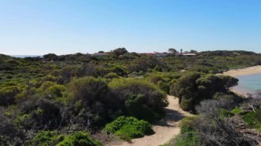 Point Peron ve Shoalwater Körfezi 'nin kayalık kireçtaşı oluşumları ve deniz yosunlarıyla hava manzarası..