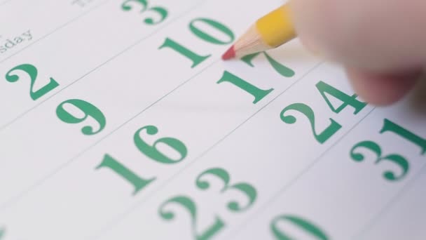 Person Marking Important Dates Calendar Red Pencil Planning Important Business — Stockvideo