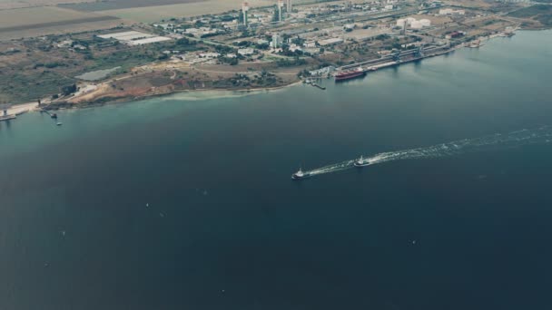 Aerial Drone View Tugboats Going Bay — Stockvideo