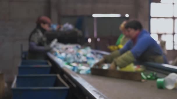 Drei Freiwillige Sortieren Plastikmüll Einer Recyclingfabrik Fabrikarbeiter Sortieren Plastikmüll Während — Stockvideo
