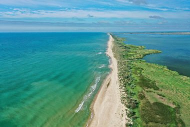 Aerial view of waves on a gritty tropical beach. Oncoming waves crashing against the sandy tropical shore over and over again. Aerial drone top view of sandy and wavy beach.