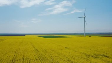 Güzel bir bahar gününde, sarı kolza tarlalarında uçan bir yel değirmeninin hava görüntüsü. Çevre koruma. Yenilenebilir alternatif enerji kaynakları.